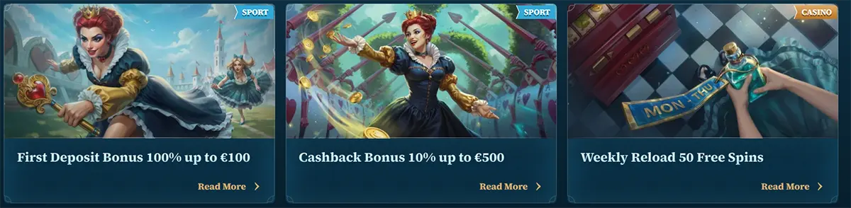 Casino promo cards featuring a first deposit bonus of 100% up to €100, a cashback bonus of 10% up to €500, and a weekly reload with 50 free spins, each with fantasy-themed artwork and “Read More” links.