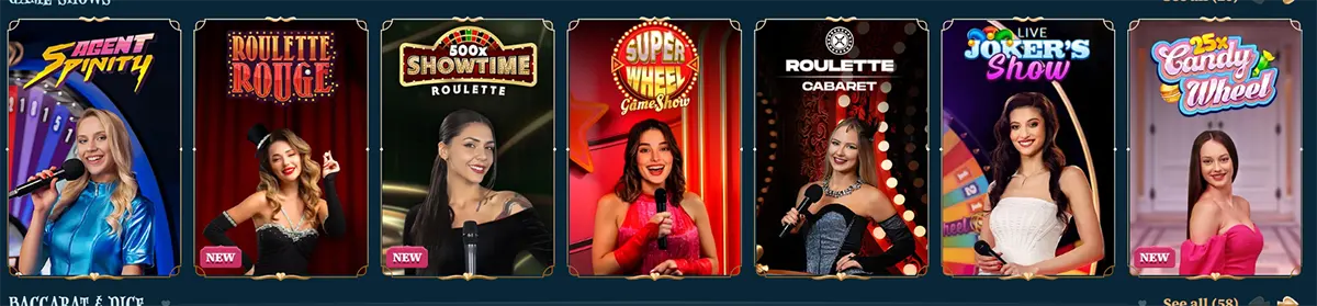 Live casino game shows section featuring Agent Spinity, Roulette Rouge, Showtime Roulette, Super Wheel, Roulette Cabaret, Live Joker’s Show, and Candy Wheel, with female hosts and a “See all” link on a dark blue casino interface.