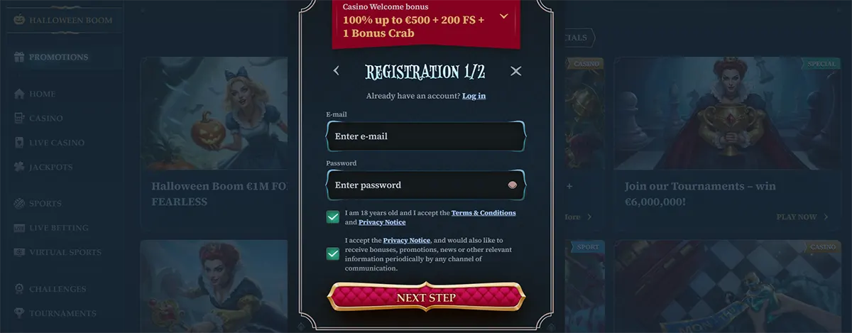 Fantasy-themed casino registration popup labeled “Registration 1/2” with a welcome bonus selector, email and password fields, consent checkboxes, and a pink “Next Step” button over a dark blue promotions background.